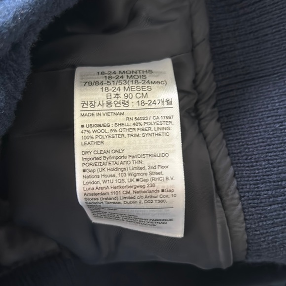 GAP Varsity Jacket Gal Fleece Fall Winter Jacket Navy Blue Wool Sz 18-24mo NWT - Picture 6 of 6